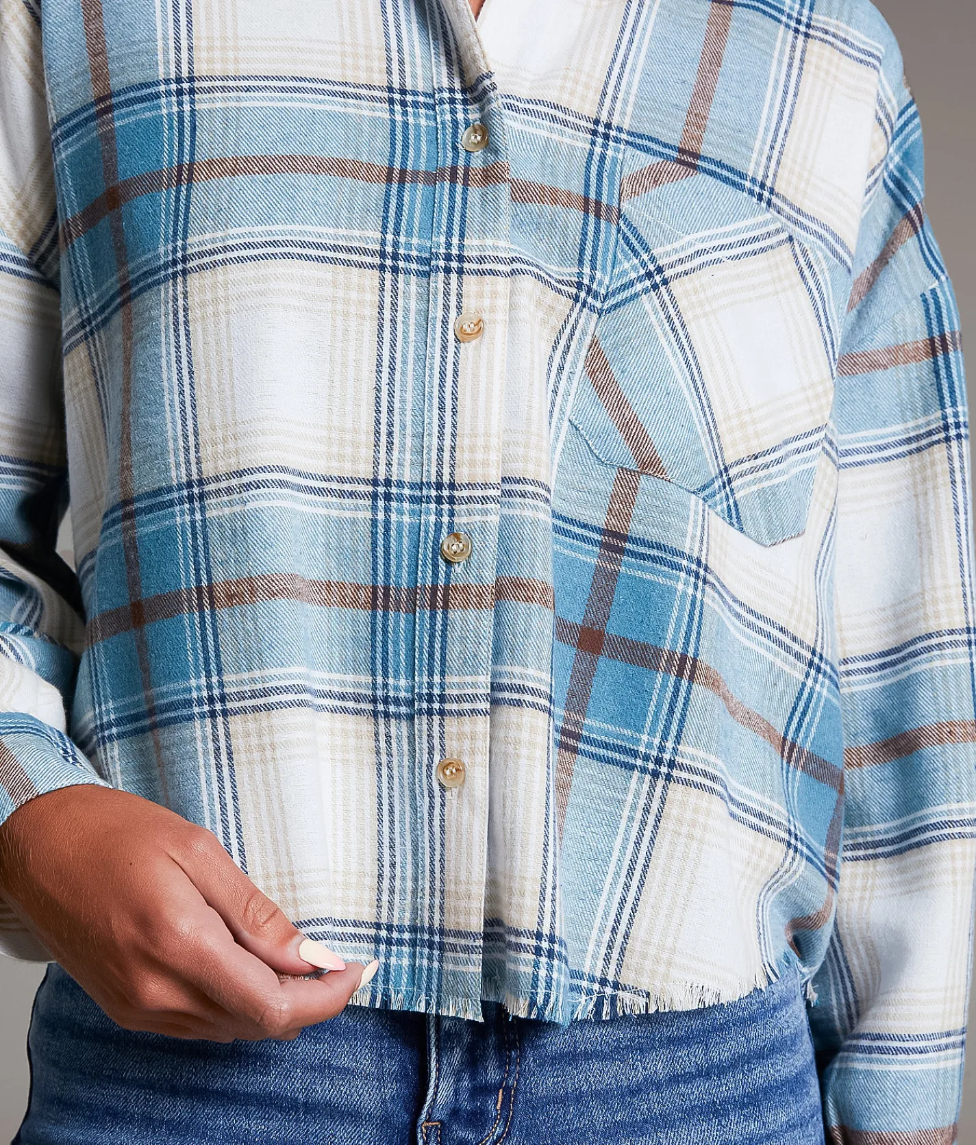 BKE Flannel Cropped Shirt Blue Tan New
