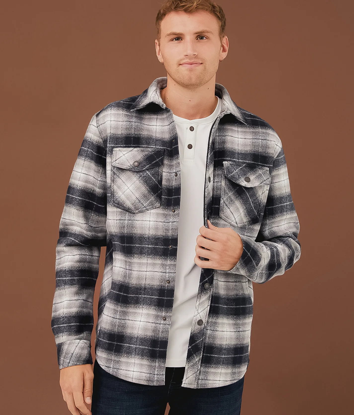 Tops|Coats & Jackets | Outpost Makers Flannel Shacket Black Grey White