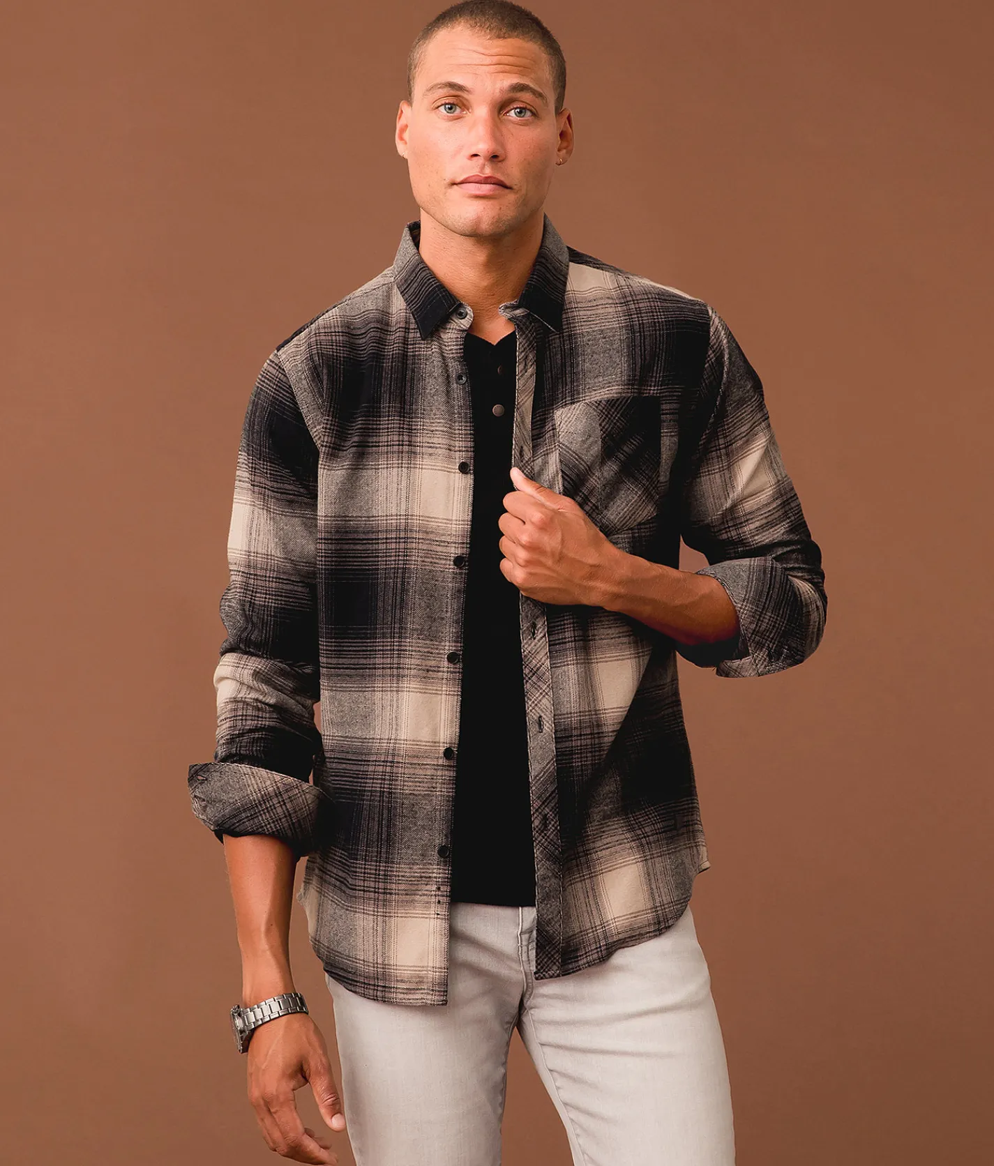 Tops | Outpost Makers Flannel Standard Shirt Black Tan