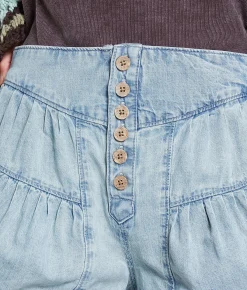 Free People Fleur Pleated Denim Short Belle Blue New