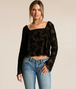 Willow & Root Flocked Floral Mesh Cropped Top Black Nude New