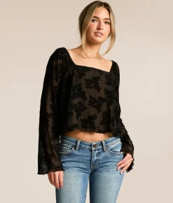 Willow & Root Flocked Floral Mesh Cropped Top Black Nude New