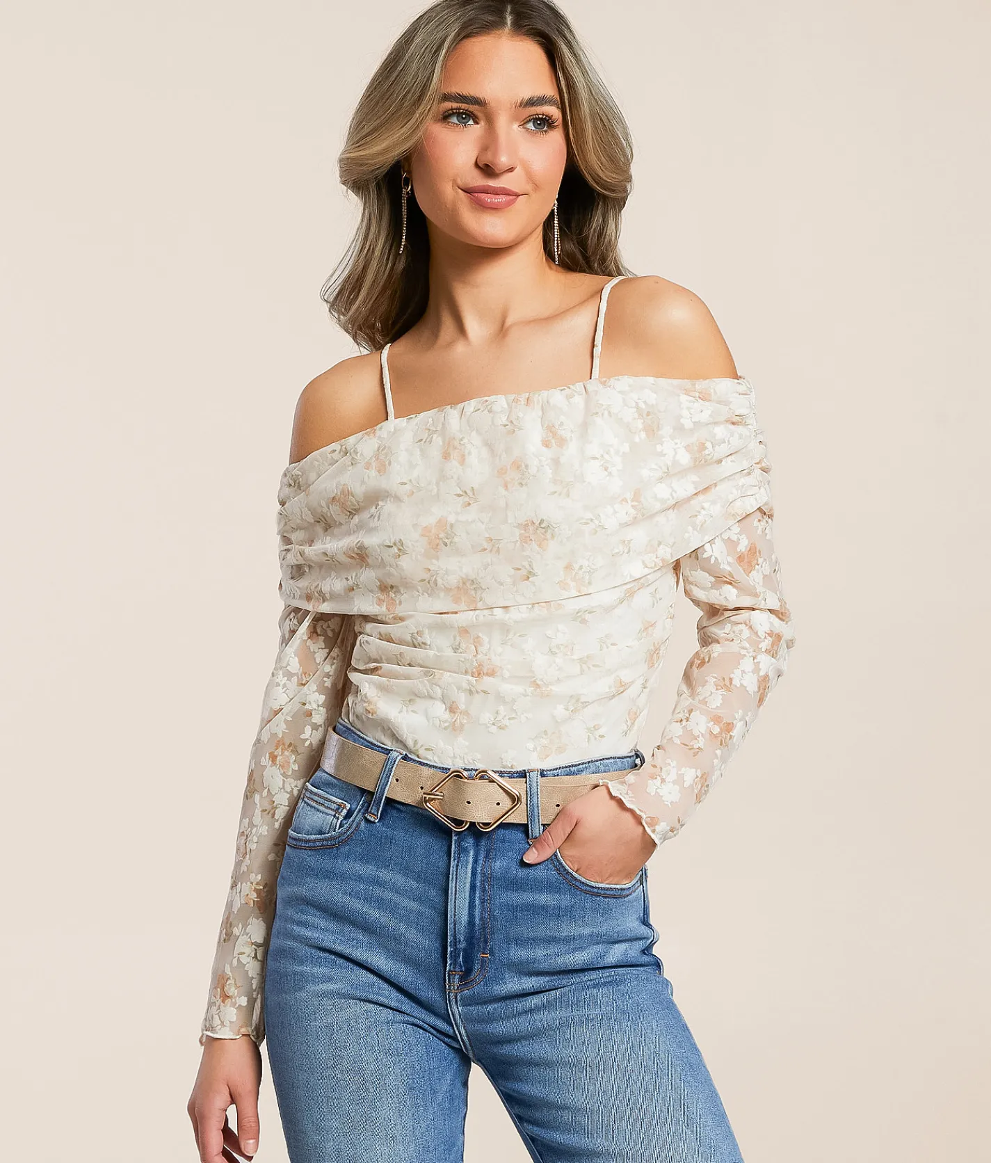 Tops | Willow & Root Flocked Floral Ruched Top Cream Olive Tan