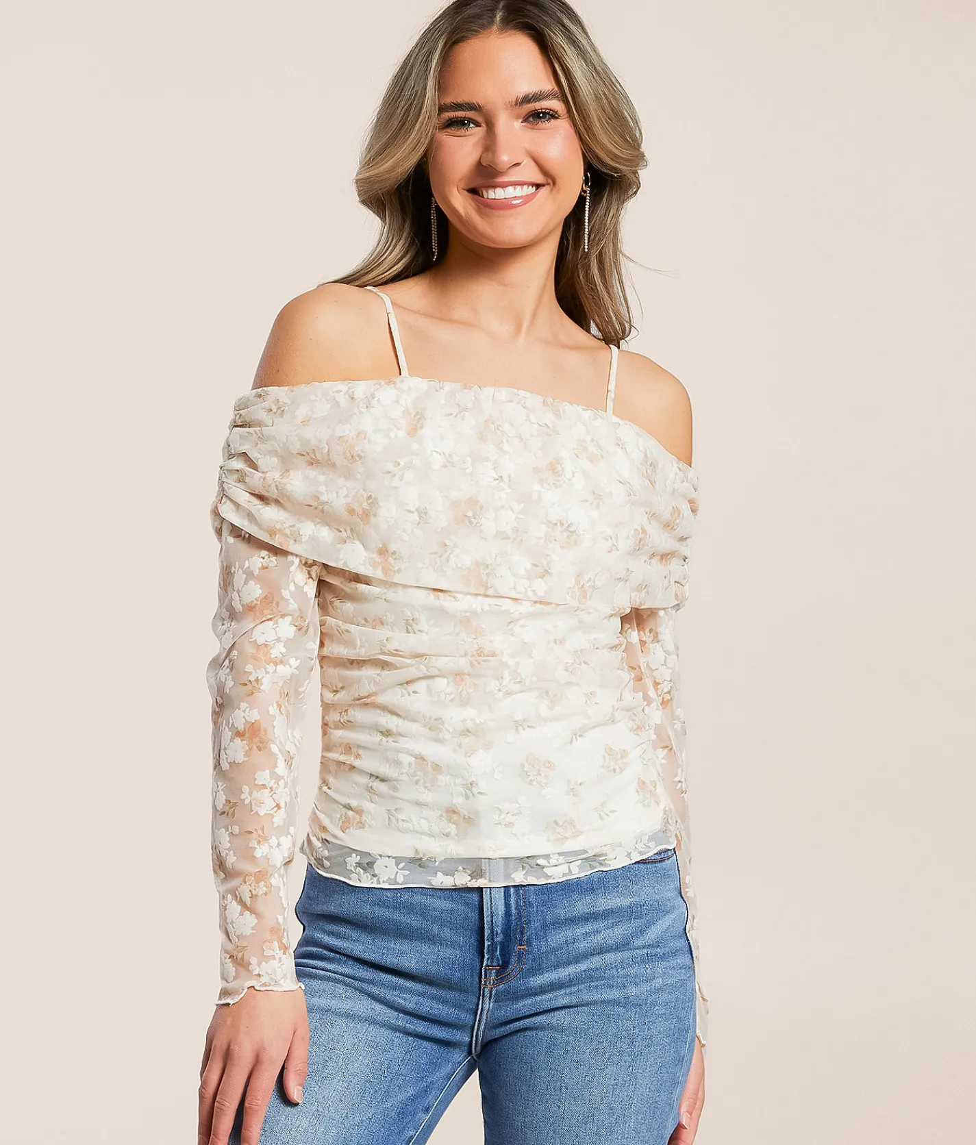 Tops | Willow & Root Flocked Floral Ruched Top Cream Olive Tan