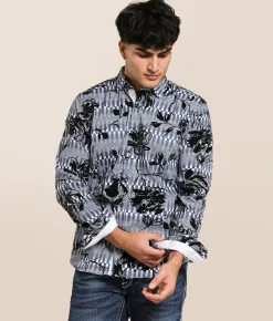 Tops | Eight X Flocked Floral Stretch Shirt Grey