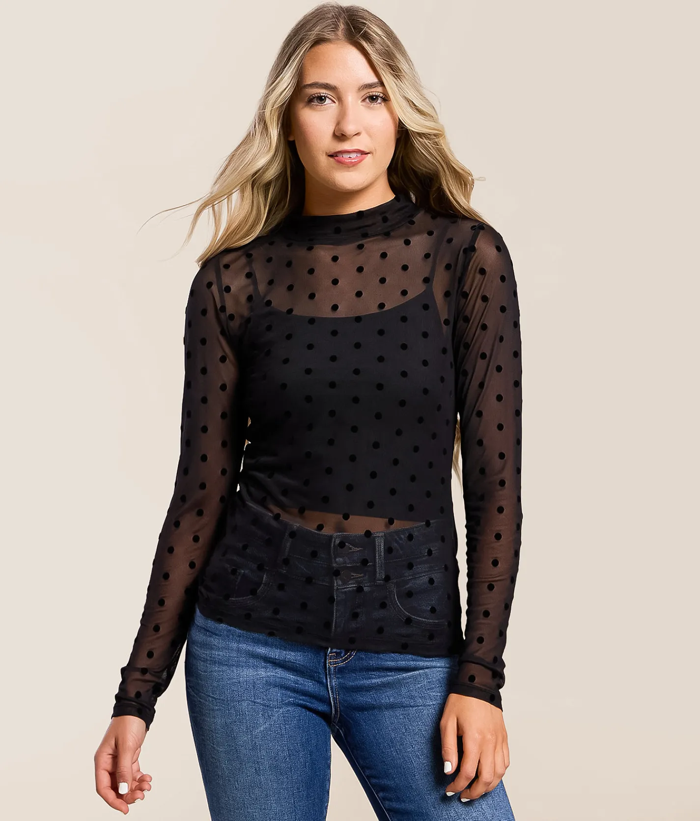 Tops | Willow & Root Flocked Polka Dot Mesh Top Black