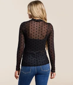Tops | Willow & Root Flocked Polka Dot Mesh Top Black