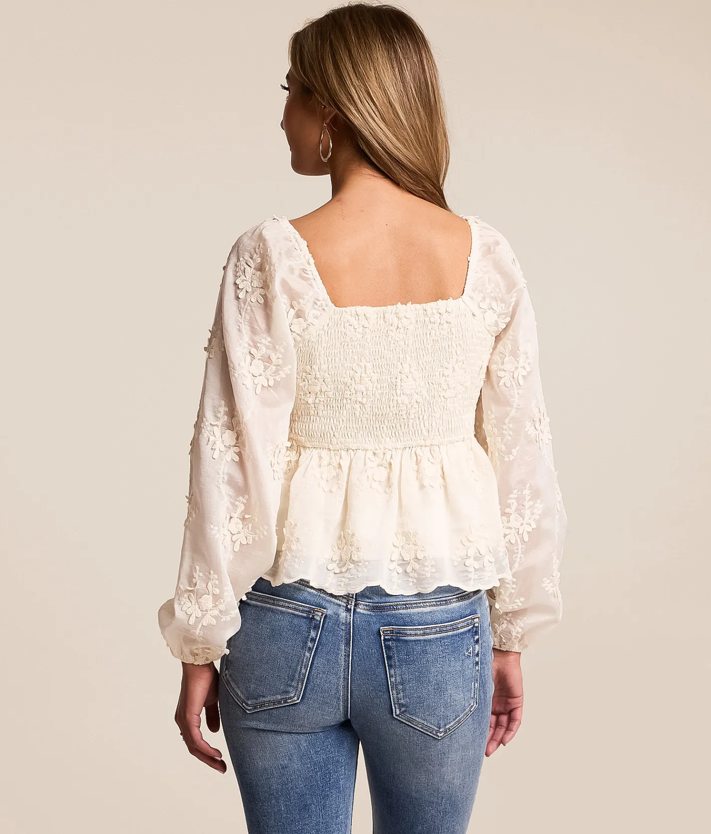 Tops | Willow & Root Floral Applique Peplum Top Cream