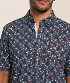 J.B. Holt Floral Athletic Performance Stretch Shirt Black Cream Turquoise Best