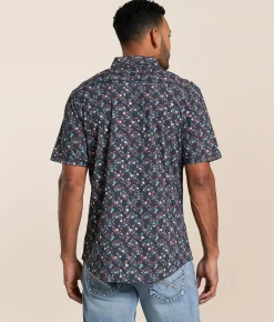 J.B. Holt Floral Athletic Performance Stretch Shirt Black Cream Turquoise Best