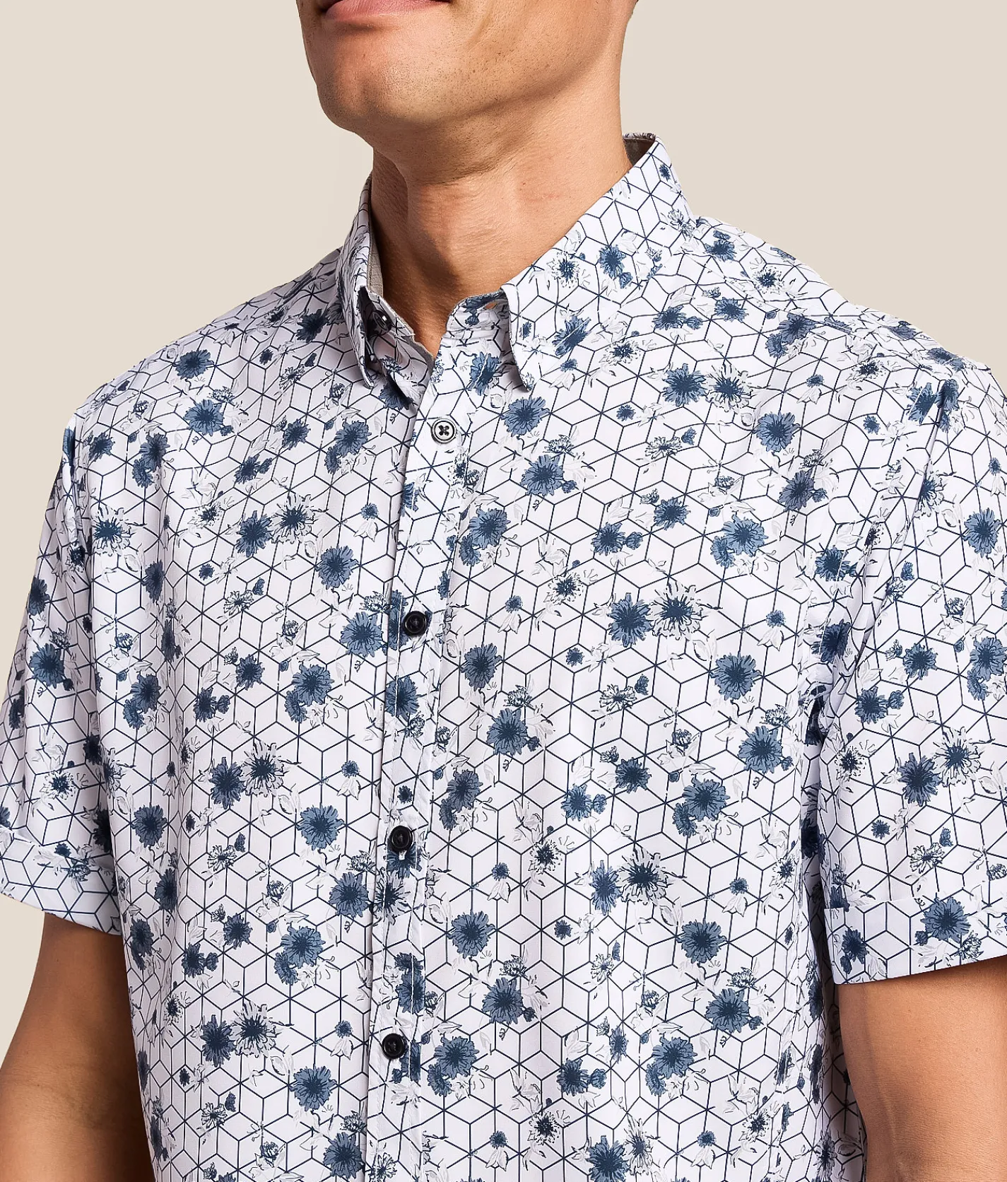J.B. Holt Floral Athletic Performance Stretch Shirt White Navy Hot