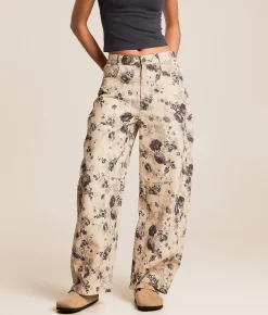 Peach Love California Floral Barrel Pant Taupe Charcoal New