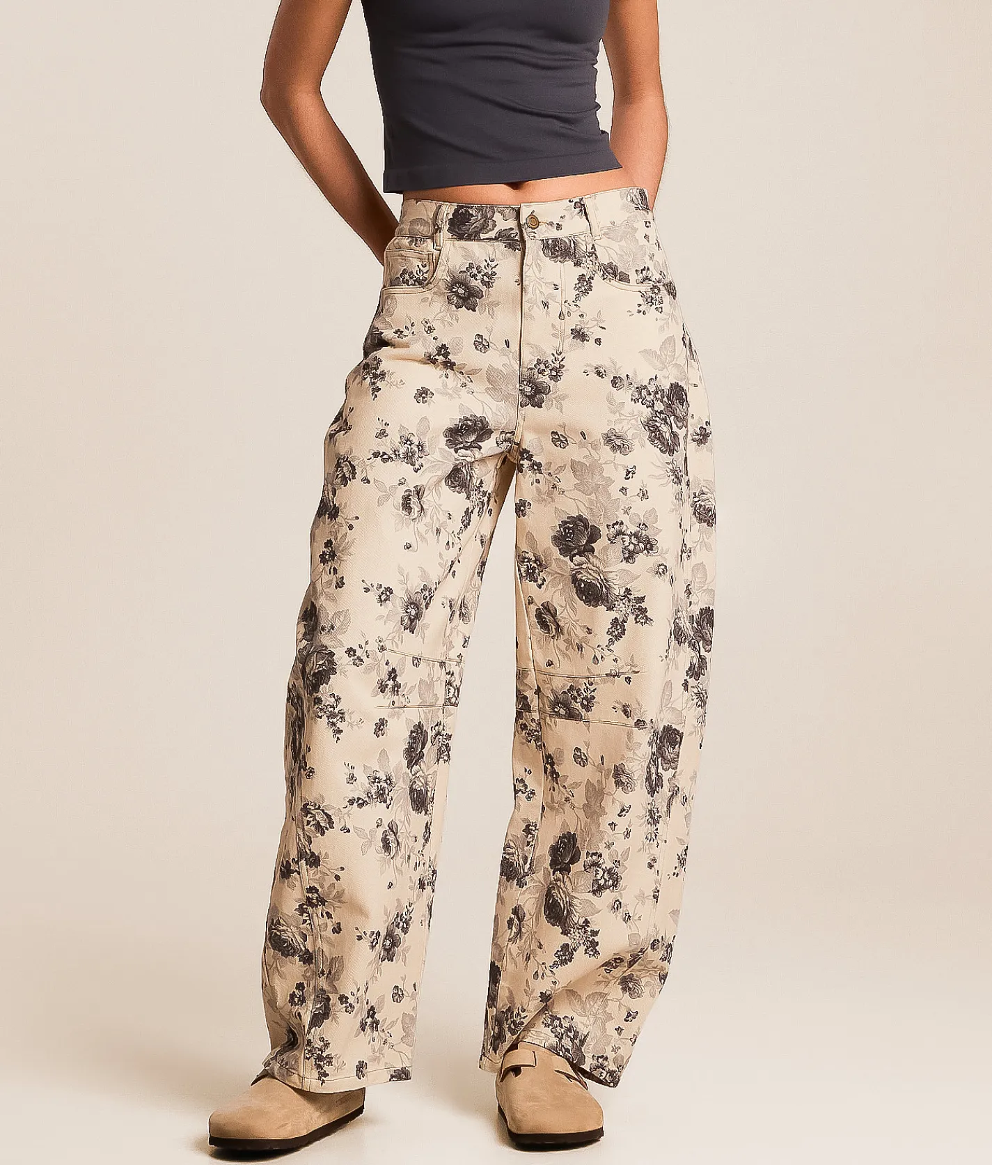 Peach Love California Floral Barrel Pant Taupe Charcoal New