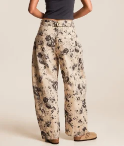 Peach Love California Floral Barrel Pant Taupe Charcoal New