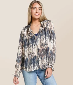 Tops | Daytrip Floral Chiffon Blouse Denim Tan