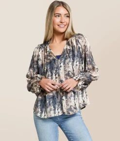 Tops | Daytrip Floral Chiffon Blouse Denim Tan