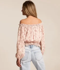 Willow & Root Floral Chiffon Off The Shoulder Top Pink Hot