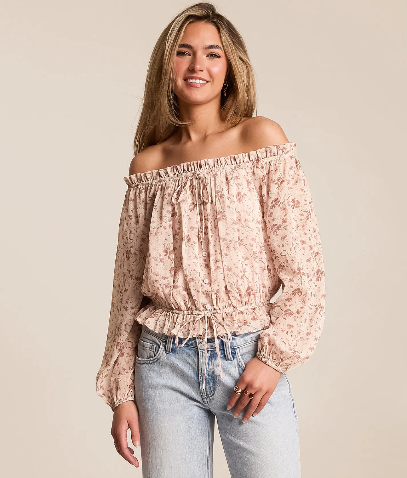 Willow & Root Floral Chiffon Off The Shoulder Top Pink Hot