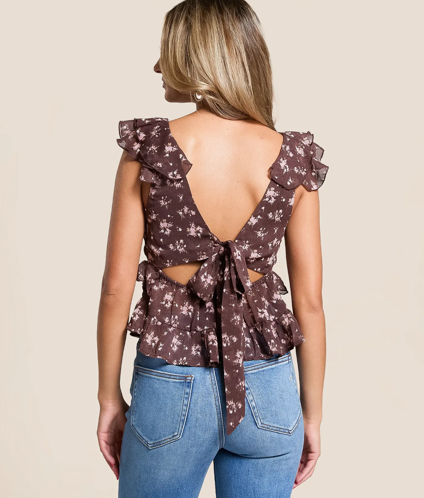 Tops | Trixxi Floral Chiffon Ruffle Top Brown