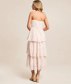 Lush Floral Chiffon Tiered Midi Dress Pink Multi Online