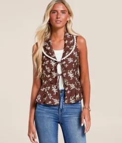 Tops|Coats & Jackets | Willow & Root Floral Collared Vest Brown Stone