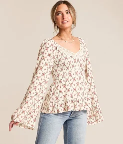 Tops | Daytrip Floral Crinkle Ruffle Top Cream Multi