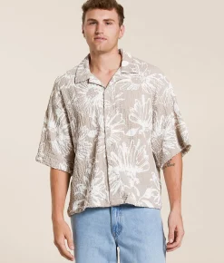 Valor Floral Crinkle Shirt Taupe Outlet