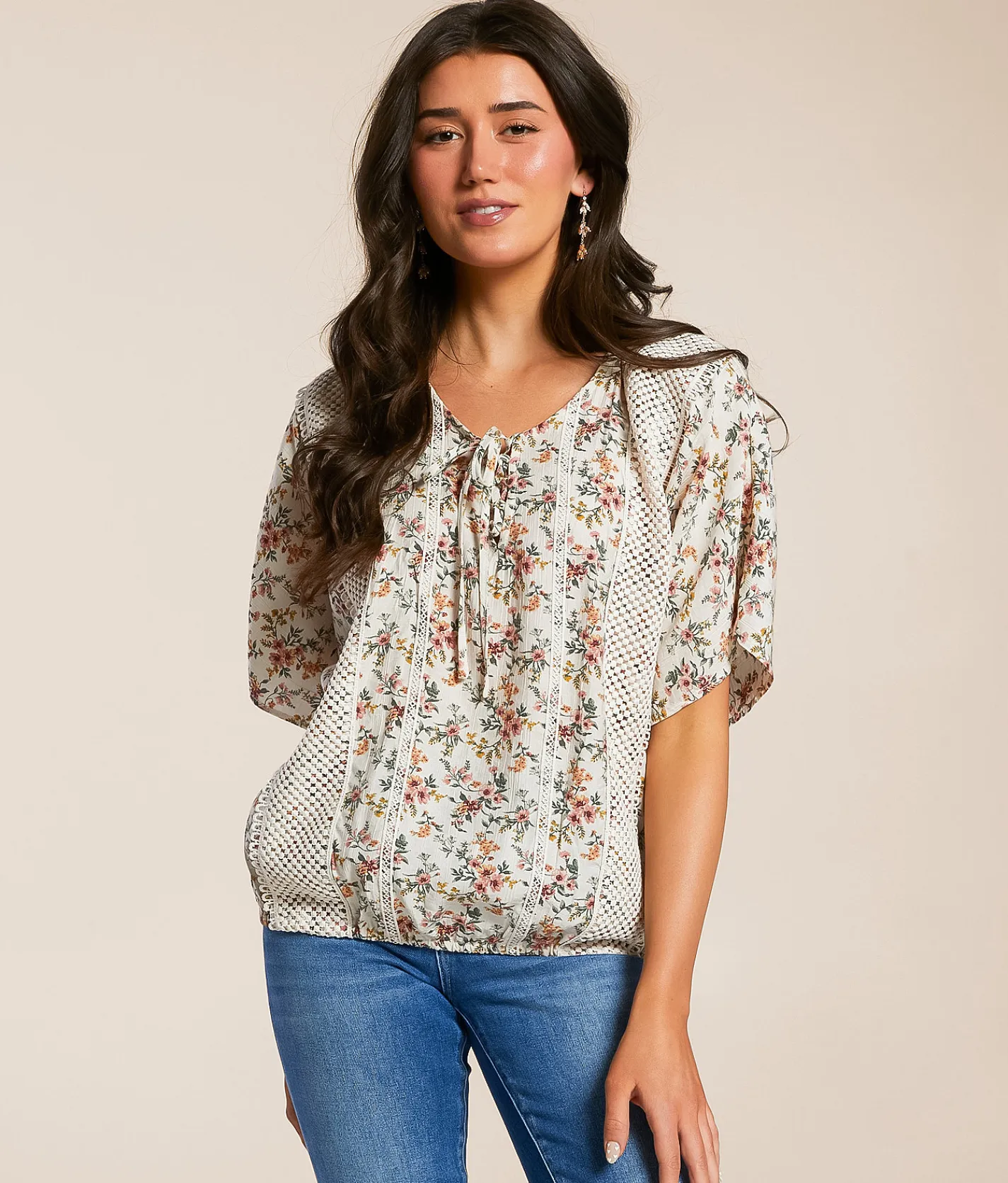 Daytrip Floral Crinkle Top Cream Assorted Clearance