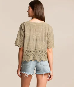 POL Floral Crochet Blouse Taupe Clearance