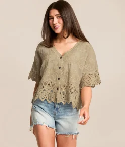POL Floral Crochet Blouse Taupe Clearance