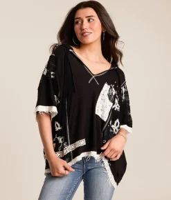 Tops | POL Floral Crochet Hoodie Black