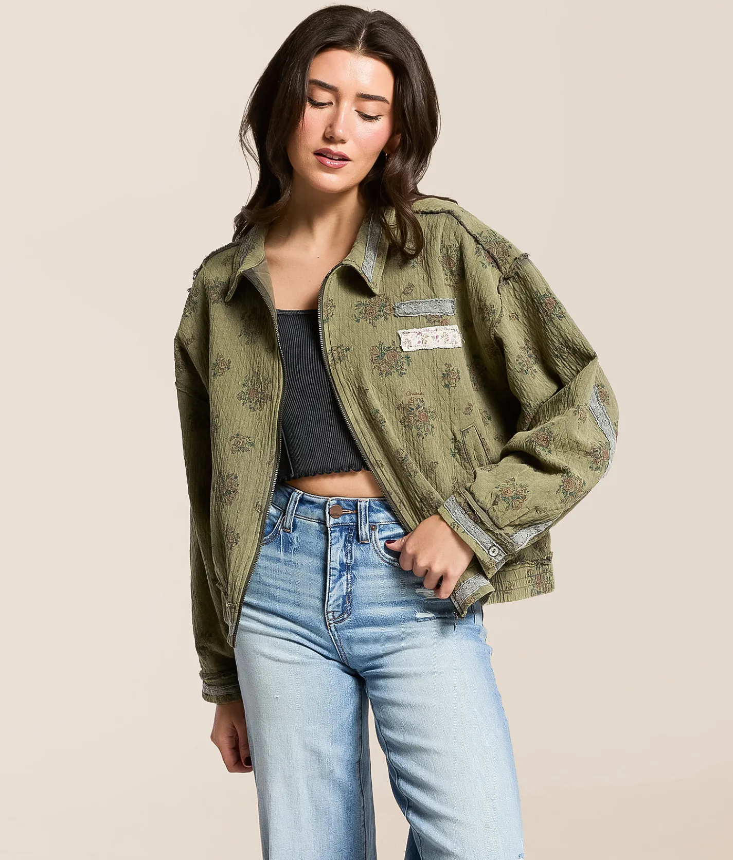 POL Floral Crochet Jacket Navy Charcoal