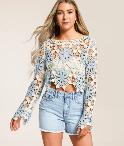Tops | Willow & Root Floral Crochet Sweater Light Blue