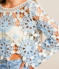 Tops | Willow & Root Floral Crochet Sweater Light Blue