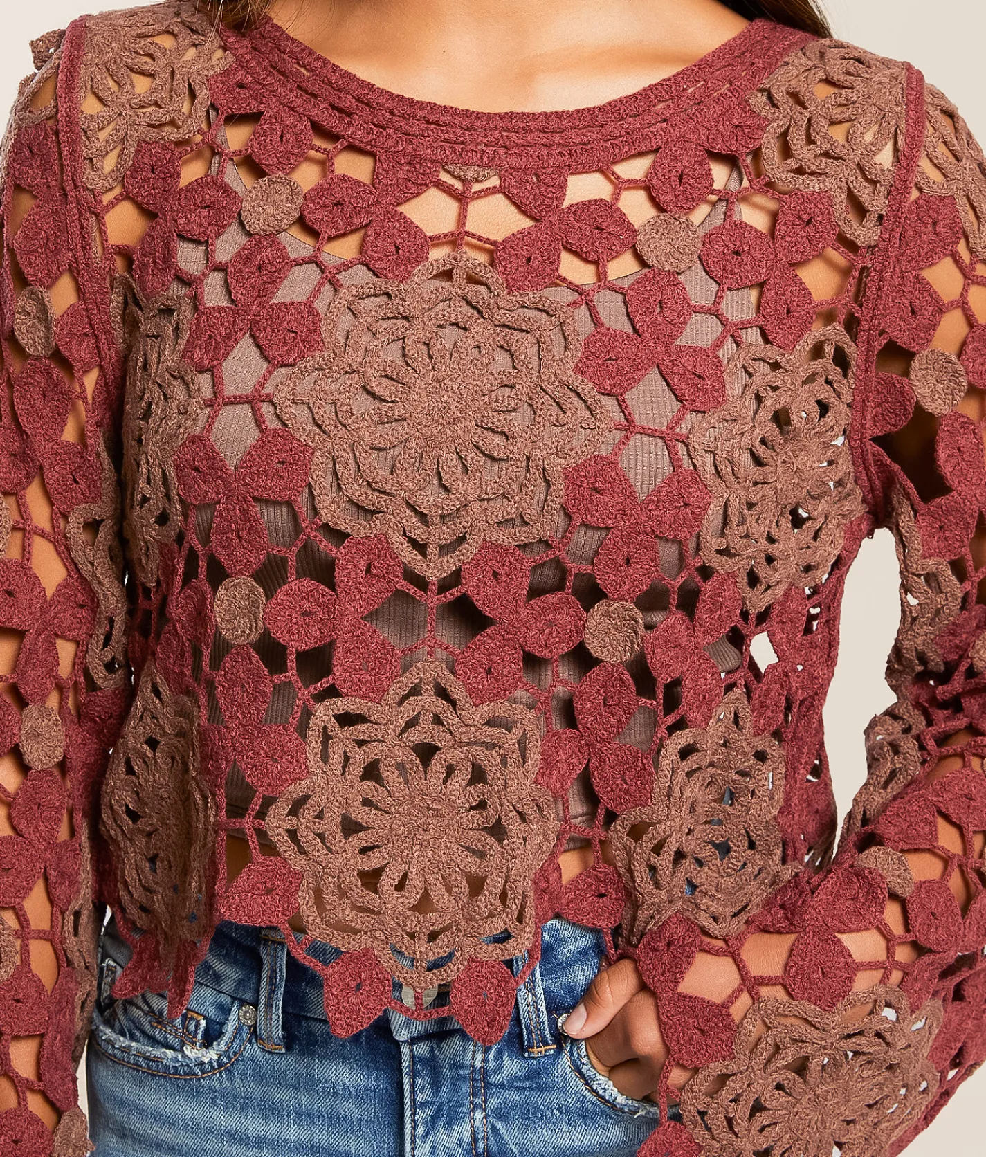 Willow & Root Floral Crochet Sweater Rose Brown Online