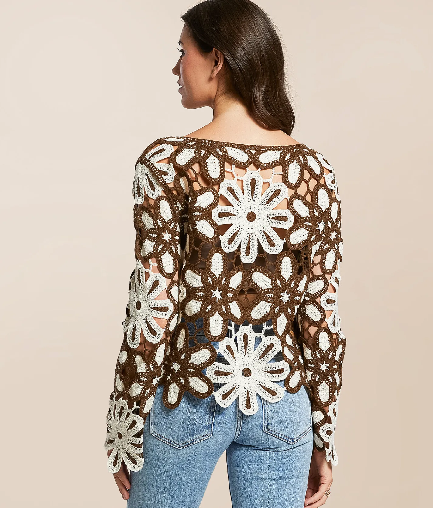 POL Floral Crochet Sweater - One Size Brown Beige Discount