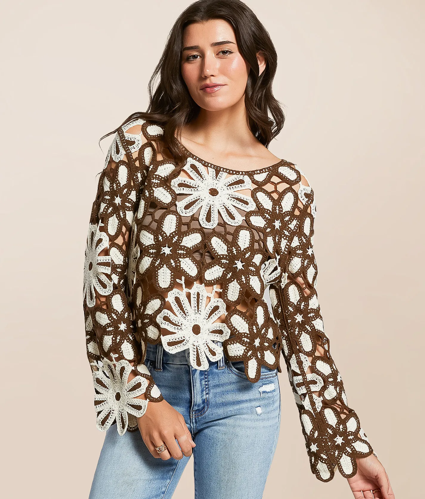POL Floral Crochet Sweater - One Size Brown Beige Discount