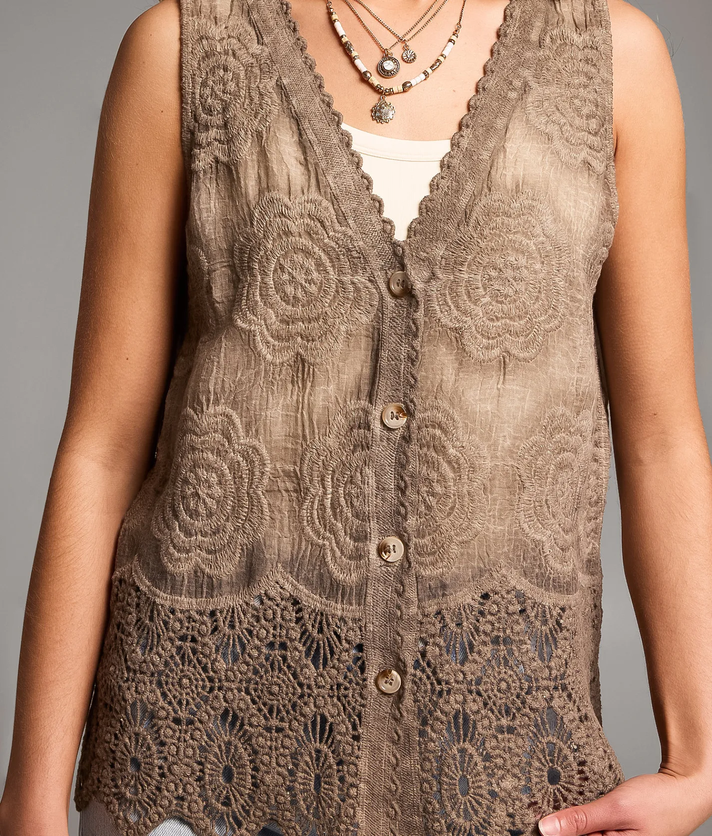 BKE Floral Crochet Tank Top Washed Brown Outlet