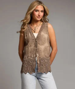 BKE Floral Crochet Tank Top Washed Brown Outlet