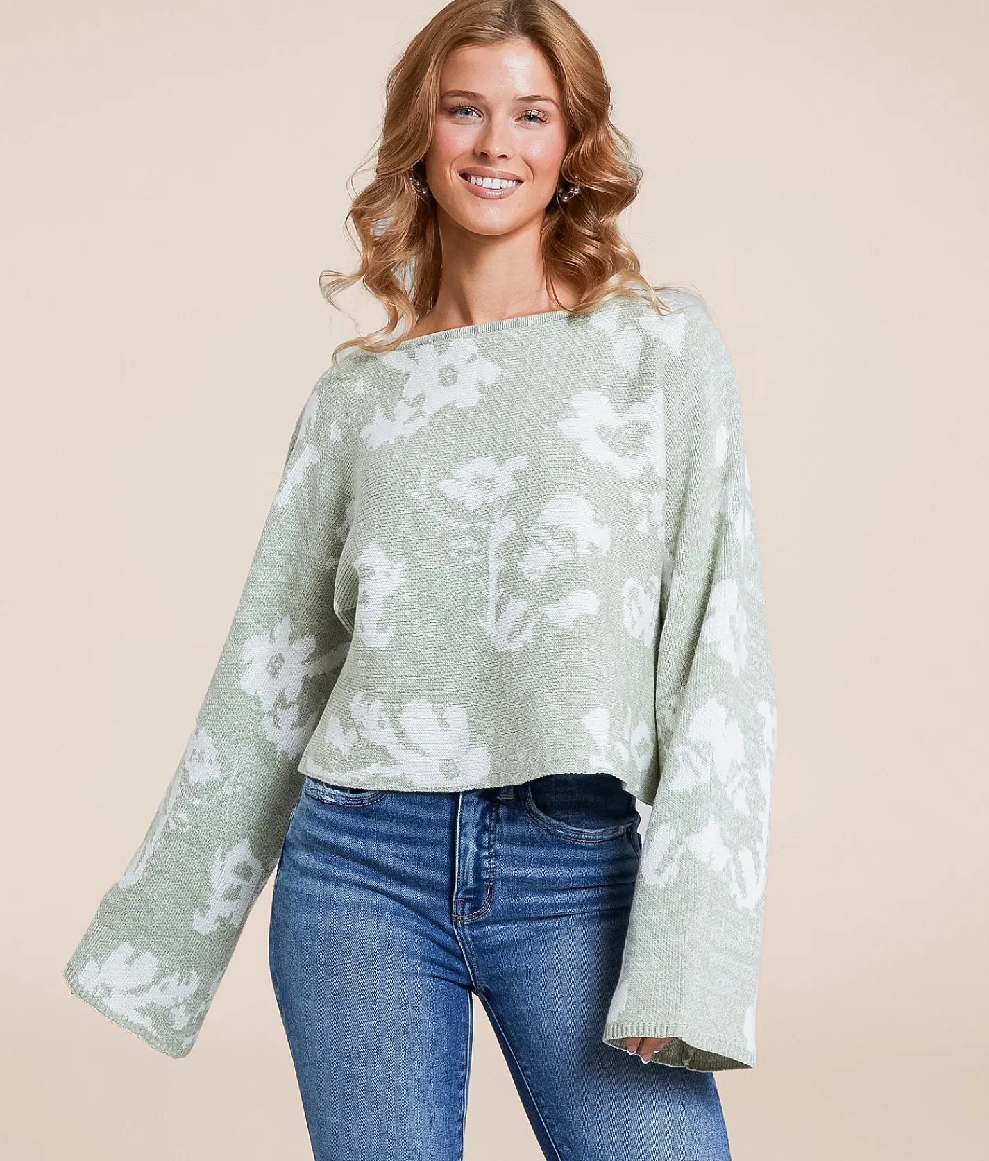 Willow & Root Floral Cropped Sweater Sage New