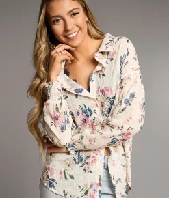 Tops | BKE Floral Embroidered Blouse Cream Multi