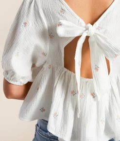 Hyfve Floral Embroidered Gauze Top Off White