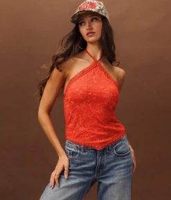 Sterling & Stitch Floral Embroide Halter Tank Top Red New