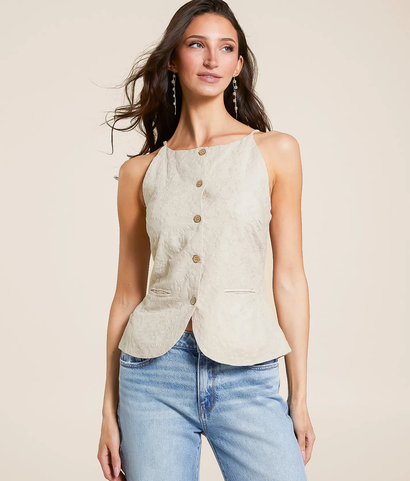 Tops | Gilli Floral Embroidered High Neck Tank Top Beige