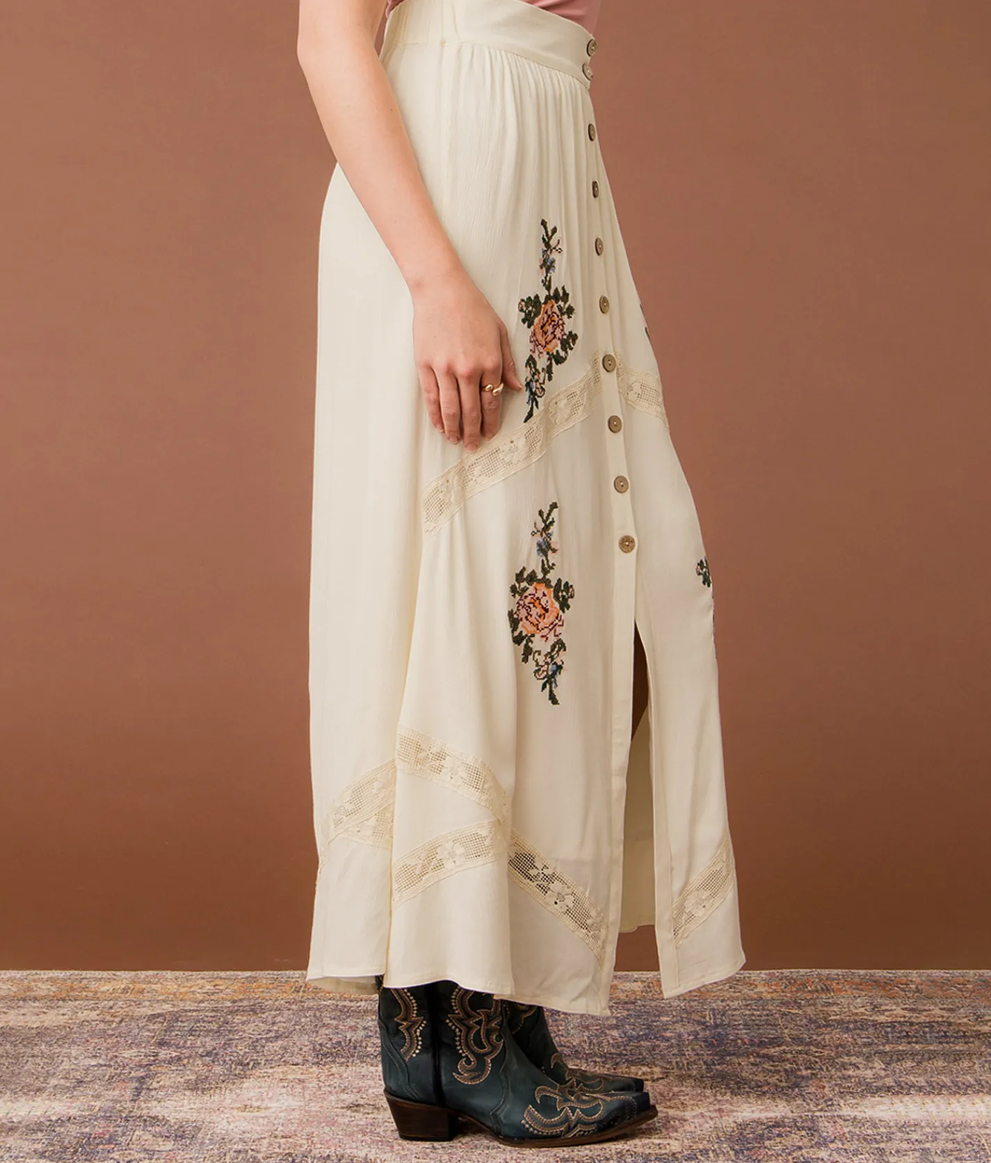 Gimmicks Floral Embroidered Maxi Skirt Cream Multi Discount