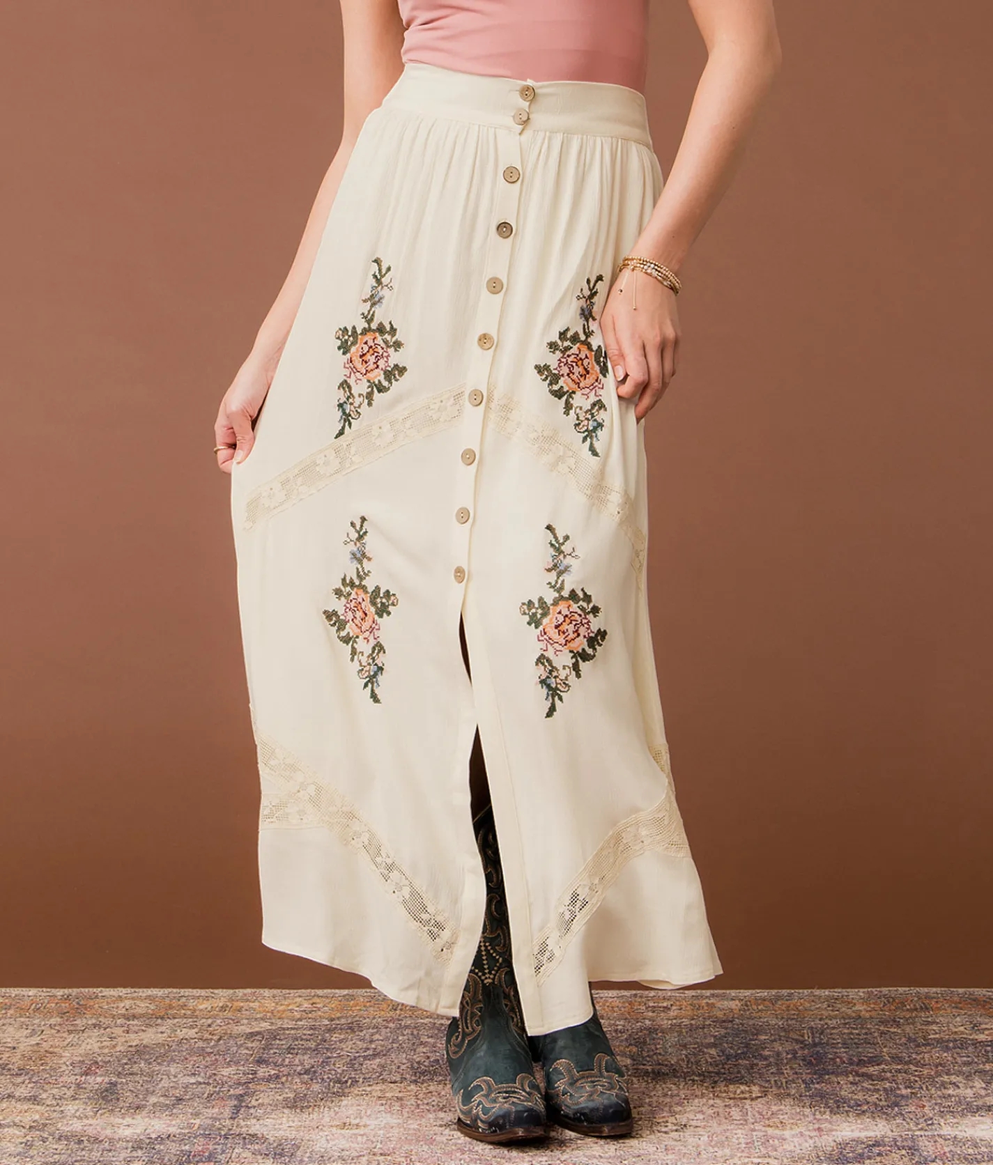 Gimmicks Floral Embroidered Maxi Skirt Cream Multi Discount