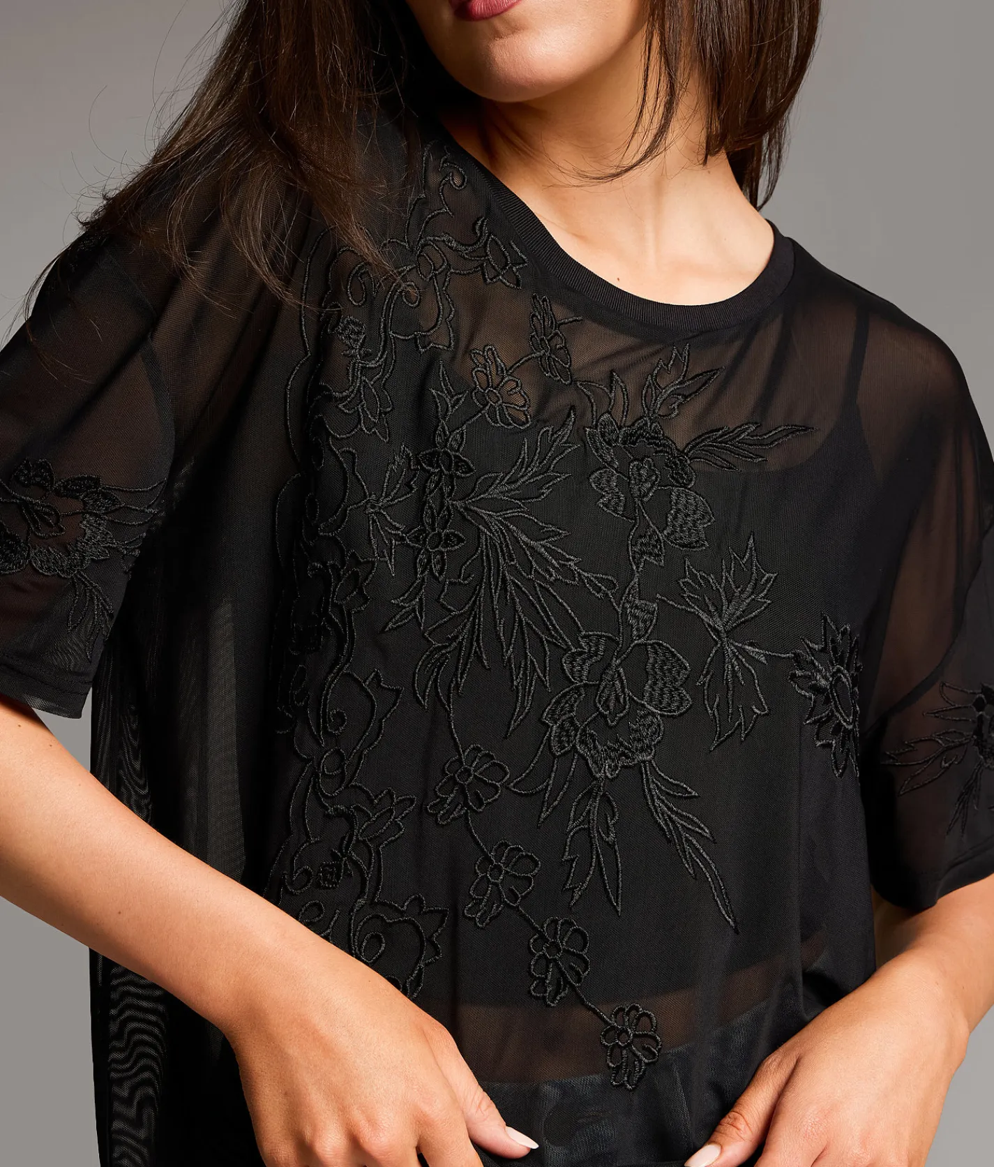 BKE Floral Embroidered Mesh Top Black New