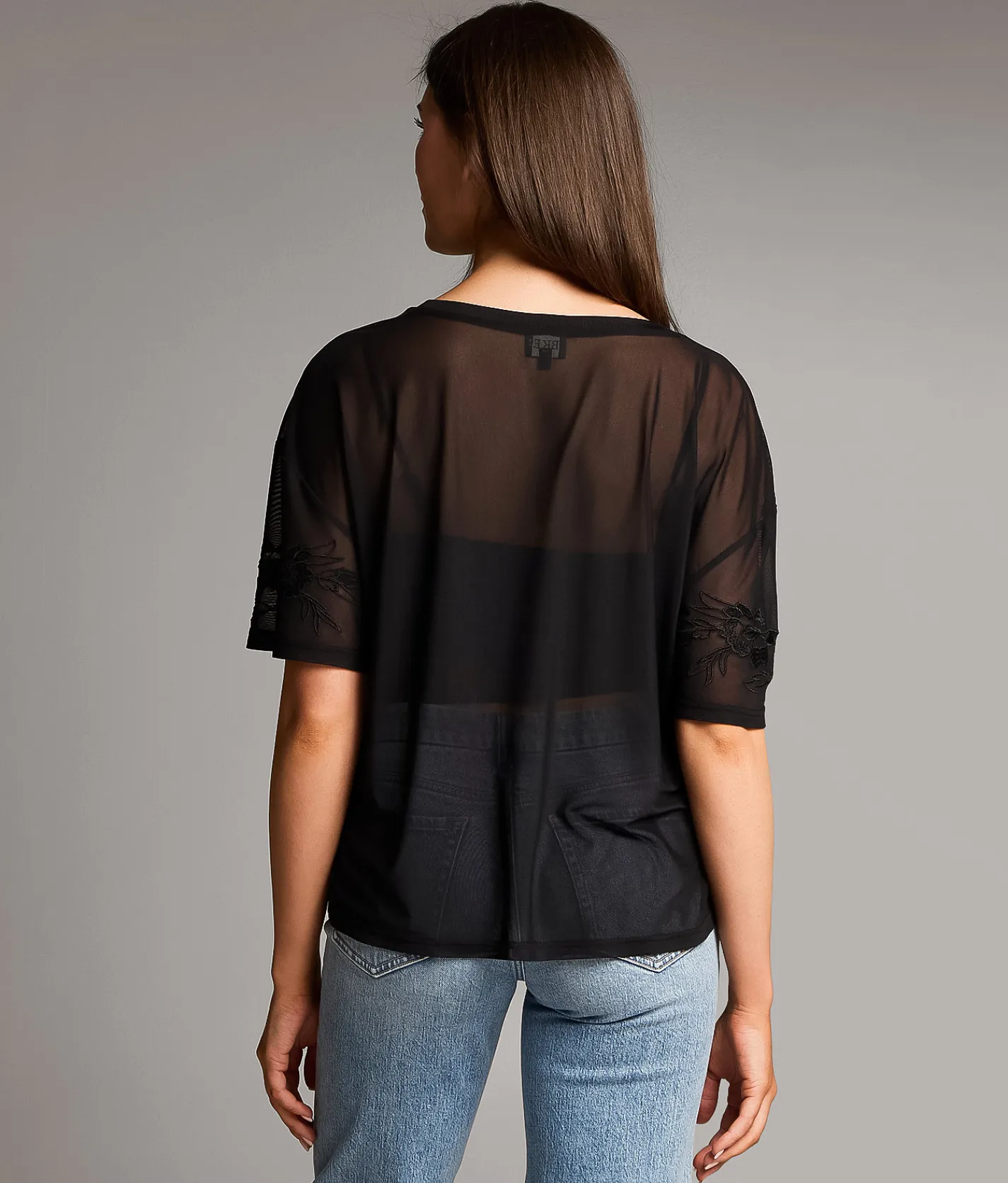 BKE Floral Embroidered Mesh Top Black New
