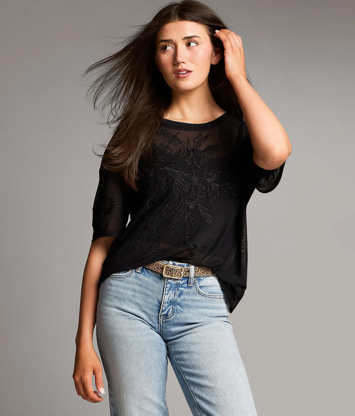 BKE Floral Embroidered Mesh Top Black New
