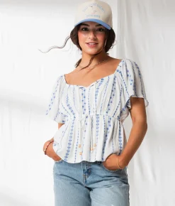 Tops | 33 Coastal Floral Embroidered Peplum Top Pale Banana
